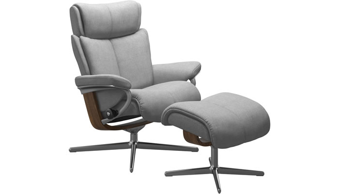 Stressless Magic with Cross Base and Stool in Clover Light Grey Fabric